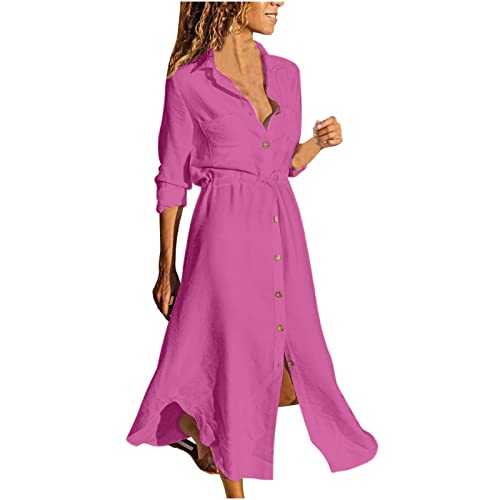 AMhomely Dresses for Women UK Clearacne Summer Maxi Dresses Casual Button Down Shirt Dresses Long Sleeve Lapel Drawstring Cotton Linen Dress Flowy Long Dresses Party Beach Sundress