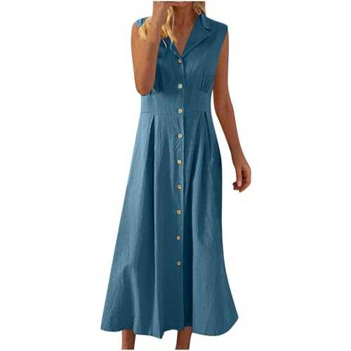 Maxi Dresses for Women UK Cotton and Linen Dress Button Down Shirt Sress Summer Casual V Neck Long Dresses Sleeveless Baggy Sundress Plain Pullover Dress Kaftans Sundresses, UK Size S-XXL