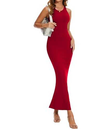 SHAPERIN Racerback Long Dress Women Lounge Dress Elegant Sleeveless Ribbed Bodycon Maxi Dresses