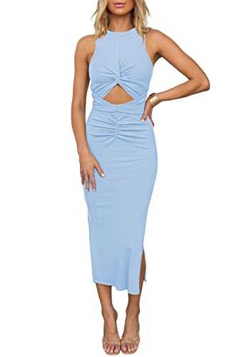 Duigluw Women's Summer Knit Sleeveless Crosscriss Cutout Ruched Bodycon Midi Dress with Slit