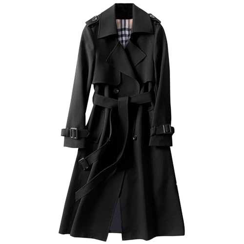 HOOUDO Trench Coats for Women Double Breasted Buttons Wool Blend Coat Windbreaker Winter Pea Coat Mid Length Overcoat Jackets Autumn Elegant Solid Warm Outerwear with Belt