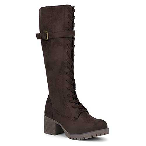 Olivia Miller Women's Fashion Shoes, Faux PU Leather Side Zipper Lug Sole Lace Up Chunky Block Heel Round Toe Casual Classic Knee High Ankle Boots