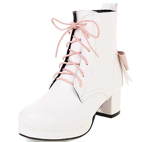 CUTEHEELS Women Sweet Lace-up Ankle Boots with Block Heel and Round Toe for Daitng
