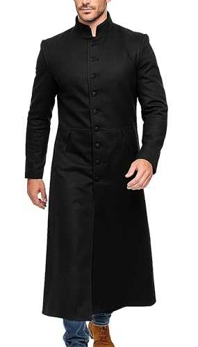 Fashion_First Mens Black Wool/Cotton/Leather Trench Coat - Mens Full Length Long Winter Coats