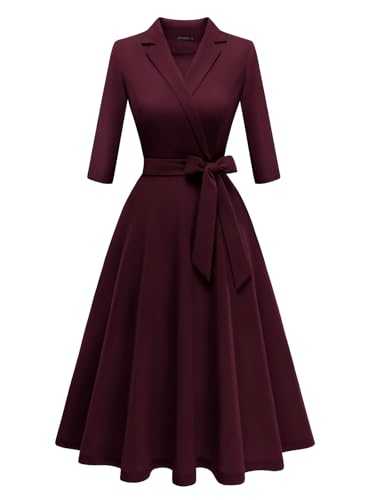 Meetjen Women's V-Neck Formal Dresses 3/4 Sleeve Modest Church Dress Fit and Flare Cocktail Dress for Wedding Guest