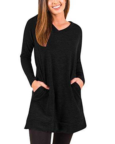 kenoce Women V-Neck Long Sleeve Sweatshirt Causal Loose T-Shirt Dress Blouses Plain Tunic Tops Solid Color Jumper Pullover with Pocket A-Black XXL