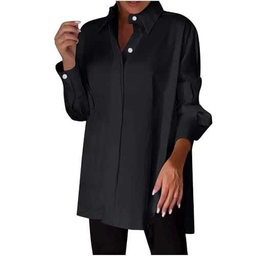 Womens Chiffon Blouse Long Sleeve Tops Clearance V-Neck Button Down Shirt Solid Casual Smart Business Blouses Classic Office Work Tops for Ladies Loose Plain Longline Tunics Lapel Jacket Plus Size 22