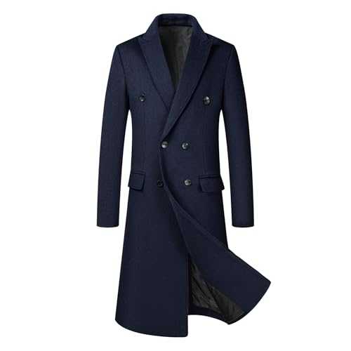 Allthemen Mens Long Trench Coat Double Breasted Warm Coat Casual Slim Fit Outwear Wool Business Winter Jacket Peacoat