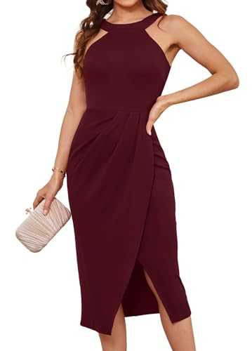 GRACE KARIN Women's Halter Neck Sleeveless Ruched Bodycon Slit Velvet Wrap Party Cocktail Midi Dress