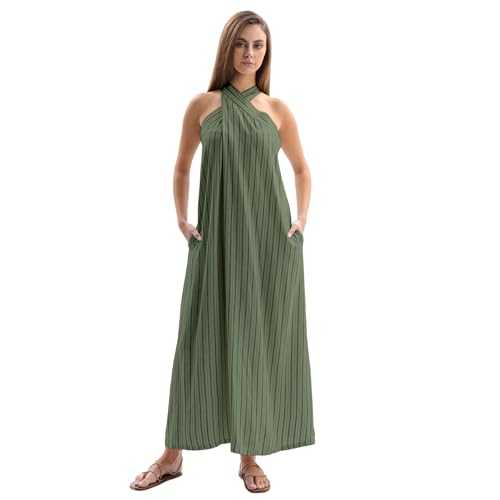 Amazhiyu Linen Blend Womens Maxi Dress, Ladies' Summer Striped Casual Sleeveless Long Dresses with Pocket and Cross Tie Neck, Loose Fit