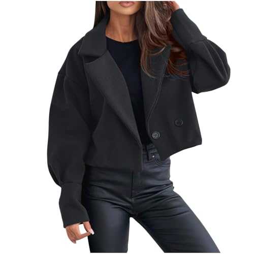 Wool Blend Cropped Jackets for Women Fashion Dressy Cardigans Lopng Sleeve Double Breasted Notched Lapel Outerwear