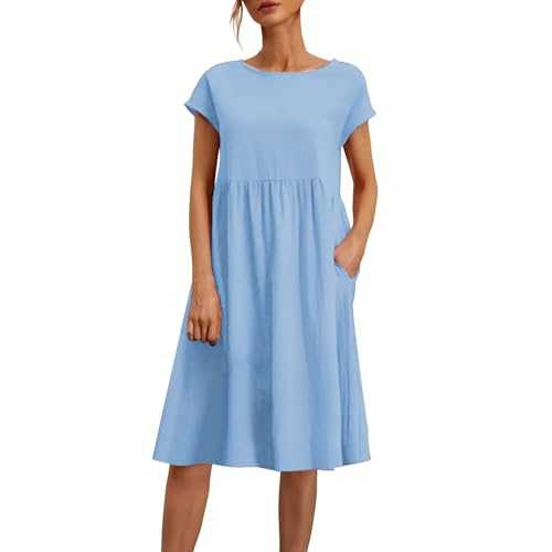 Linen Dresses for Women UK 2025 Summer Casual Comfy Cotton Short Sleeve Midi Dress Solid Color A Line Tunic Beach Sundress
