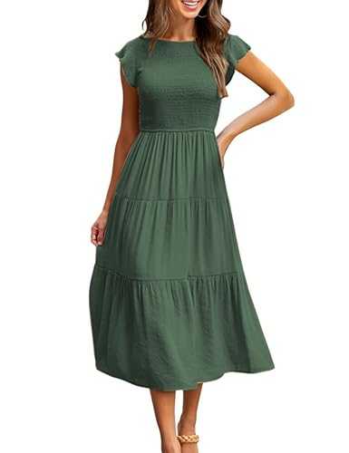 CMTOP Dresses for Women UK Casual Summer Dress Long Crew Neck Ruffle Sleeve Flowy Maxi Dresses Solid Color Elastic Waist Ruched Ladies Dresses Tiered A Line Beach Holiday Sundress