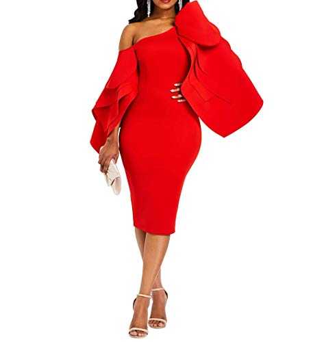 VERWIN Bodycon Dress for Woman Long Sleeve Knee-Length Ruffle Sleeve Off Shoulder Evening Dress