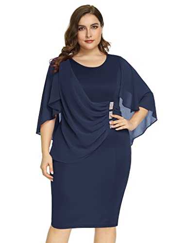 Hanna Nikole Women's Plus Size Cape Chiffon Dress Rhinestones Cocktail Dress with Overlay