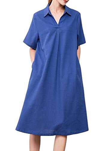 Minibee Women's Linen Shirt Dress Plus Size V Neck Short Sleeve Casual Summer Swing Midi Dresses