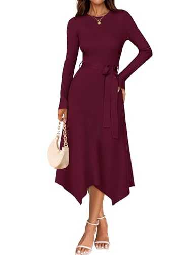 ZESICA Women's 2024 Fall Long Sleeve Crewneck Ribbed Knit High Waist Midi Sweater Dresses with Belt