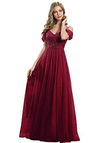 Ever-Pretty Women's Elegant Off The Shoulder A Line Sweetheart Neckline A Line Tulle Maxi Formal Evening Dresses Burgundy 18UK