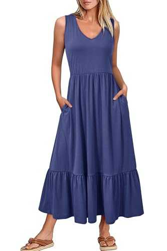 VOTEPRETTY Summer Dresses for Women UK Sleeveless V Neck Maxi Beach Sundress with Pockets for Vacation