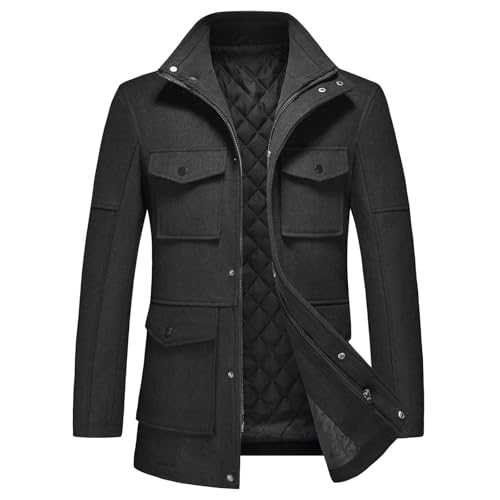 KUDMOL Men's Warm Winter Coat Mid-Length Multiple Pockets Overcoat Casual Peacoat