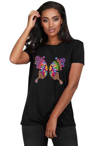 MBN Womens Ladies Doodle Butterfly Round Neck Baggy Basic Jersey Short Sleeve Tshirt