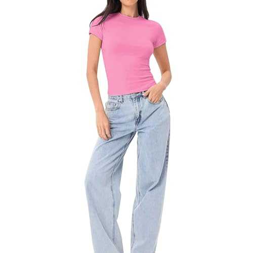 Women’s Short Sleeve Crop Tops Casual Slim Fit Solid Basic Round Neck Cropped Skinny Tight T-Shirt Going Out Tops Tshirt Workout Yoga Gym Running Cycling Tops