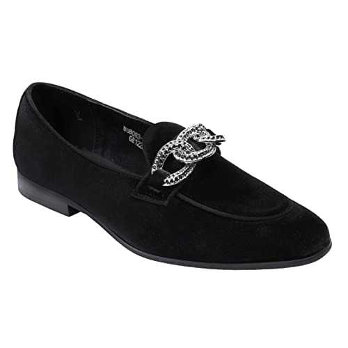 Men’s Black Velvet Loafers with Silver Diamond Chain Buckle Wedding Party Dress Shoes