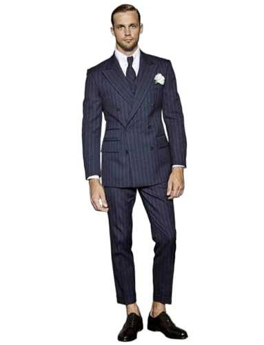 Ulnomio Men's Stripe Suit Formal Speech Two-Piece Peak Lapel Double Breasted Button Set
