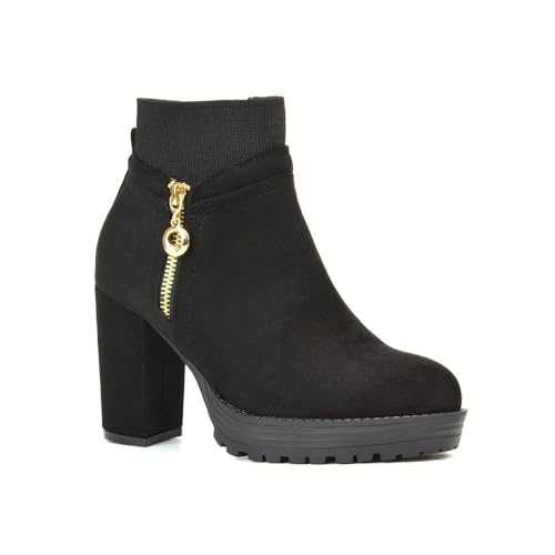 ESSEX GLAM Women's Heeled Boots Ladies Platform Block Heel Zip Deco Black Ankle Booties Size 3-8