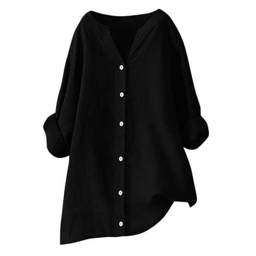 Ladies Linen Tops UK V Neck Plus Size Women's Blouses & Shirts Long Sleeve Ladies Blouses Solid Color Retro Floral Print Button Down Blouses Ladies Casual Roll up Sleeve Comfy Loose Fit Tops T-Shirts