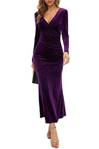 Women's Package Hip Skirt V-Neck Slim Business Mid-Waist Long-Sleeved Velvet Fishtail Dress Evening Dress