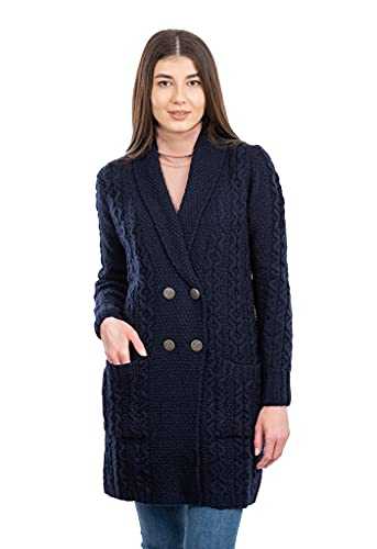 SAOL 100% Merino Wool Ladies Double Breasted Shawl Collar Coat, in Grey/Navy