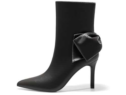 Coutgo Womens High Heel Ankle Boots Pointed Toe Bow Side Zipper Booties Stiletto Dress Warm Boot Shoes