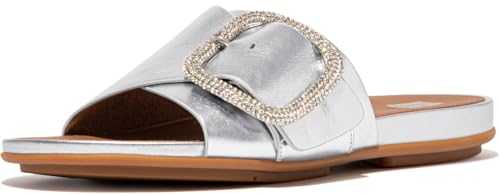 Women's Gracie Crystal Maxi-Buckle Metallic-Leather Slides Sandal