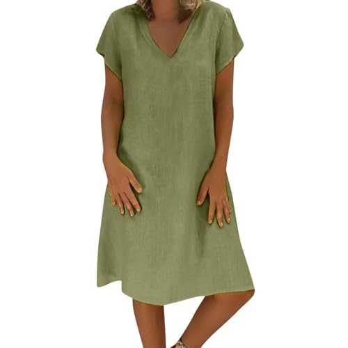 Casual Dress for Women UK Short Sleeve V-Neck Cotton Linen Dress Summer Holiday Sundress Boho Beach Midi Dresses Elegant Solid Color Baggy Knee Length Dress Swing Plus Size Loose Tunic Dress