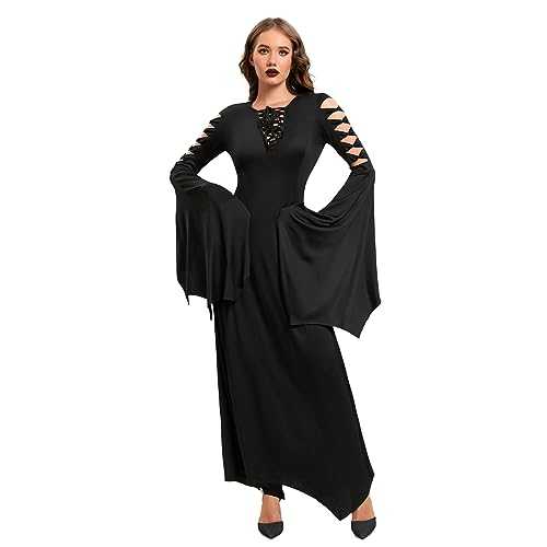 LVCBL Gothic Vintage Witch Style Deep V Shape Collared Long Sleeved Dress S-2XL