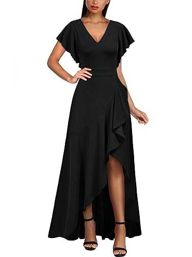 MIUSOL Women's Elegant V-Neck Ruffle Short Flutter Sleeves Empire Waist Split Evening Party Long Dress