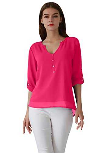 OMZIN Women's Chiffon Blouse V-Neck Henley Shirt Casual Long Sleeve Tops XS-XXL