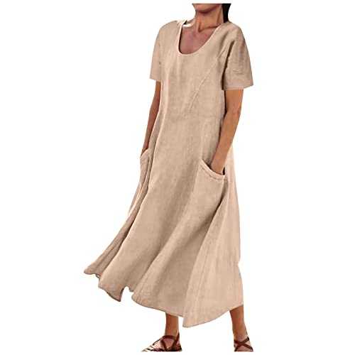 Womens Crew Neck Plain Sleeveless Cotton Linen Dresses with Pockets Loose Tank Dresses Basic Beach Dresses Elegant Summer Dresses Maxi Dresses for Women UK