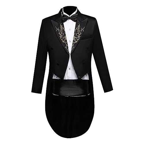 Men's Blazer Suits Slim Fit Long Tailcoat Tuxedos Formal Lapel Jacket Pants Waistband Bowtie Halloween Magician Costume