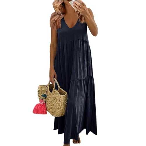 HOOUDO Summer Dresses for Women UK Causal V Neck Long Maxi Sundress Sleeveless Vacation Dress with Pockets Ladies Dress Holidays Beach Dresses