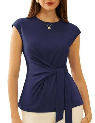 GRACE KARIN Women's Cap Sleeve Blouse Summer Crew Neck Tie Detail Casual Tunic Tops T Shirts