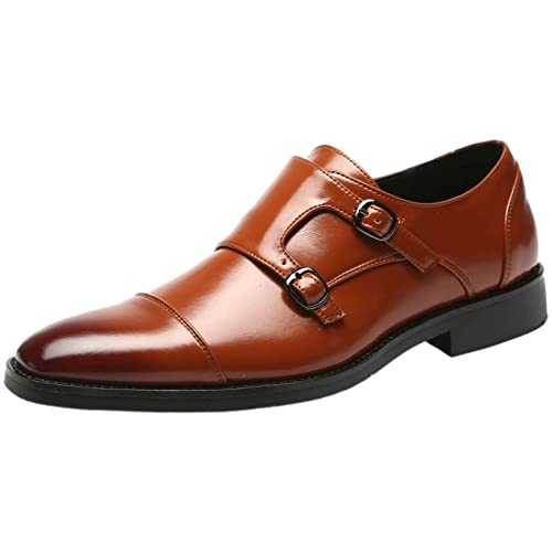 Jamron Men's Smart Monk Brogues Genuine Leather Wooden Heel Formal Dress Shoes