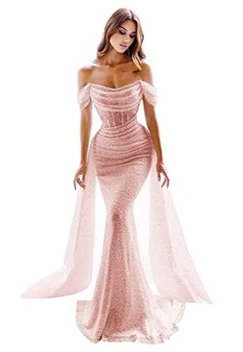 Sparkly Tulle Prom Dresses Off The Shoulder Mermaid Wedding Dress Long Detachable Train Formal Evening Ball Gowns