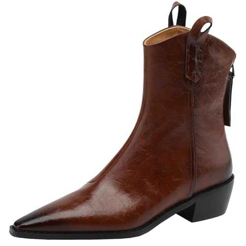 XINXINIO Women's Genuine Leather Pointed Toe Ankle Boots Block Heel Booties with Zipper