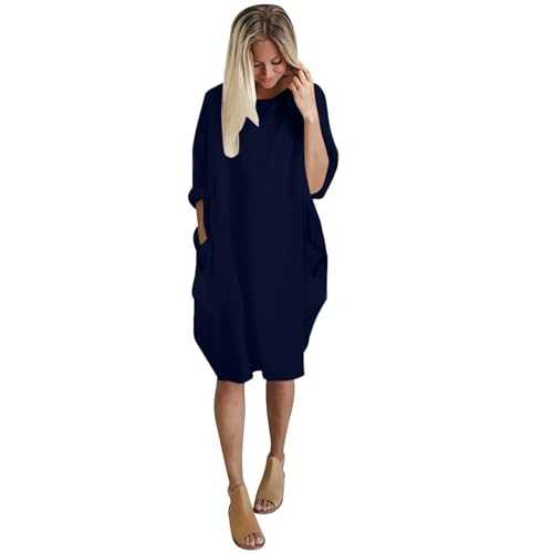 Zhsxertwy Spring Dresses for Women UK Women's Pocket Loose Dress Ladies Round Neck Casual Knee Length Dress Knitted Jumper Dress for Women