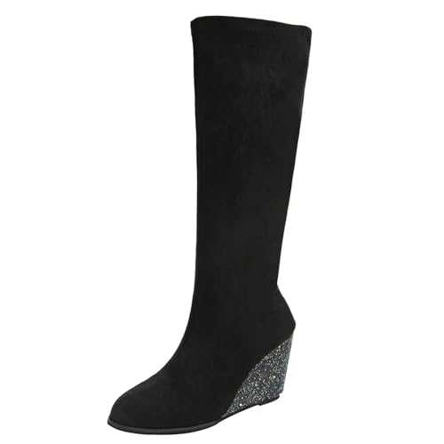 Knee High Boots for Women Sale, Suede Cowboy Boots for Ladies Chunky Wedge High Heel Sparkly Shoes Waterproof Wide Calf Boots Women Slim Calf Booties Winter Boots for Ladies Plus Size 3-7.5