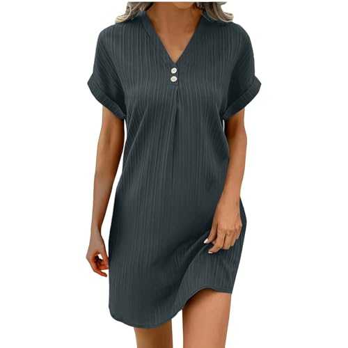 Elegant Dresses for Women Summer Dresses Elegant Braided Texture Sundress Roll-Up Sleeve Shirtdress V Neck Button Short Dress Ladies Beach Loose Solid Color Casual Wear