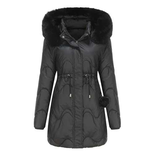 Women's Winter Puffer Coat Waterproof Warm Down Jacket Faux Fur Removable Hood Parka Jackets with Pocket Ladies Padded Coat Faux Fur Trim Hooded Mid Length Outwear Outdoor Quilted Puff Jackets