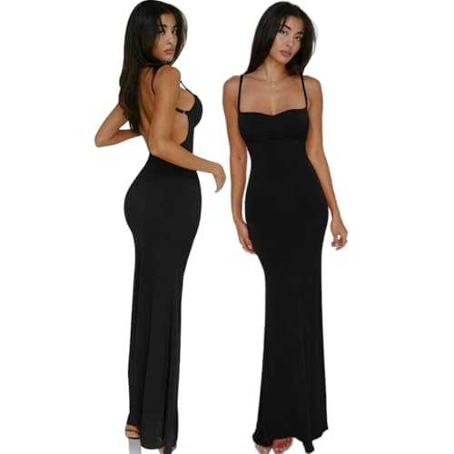 AOWVUTS Women's Maxi Dress Ladies Spaghetti Strap Sleeveless Long Dress Elegant Backless Bodycon Dresses Sexy Solid Color Lounge Slip Dress Party Evening Cocktail Dress Y5k Aesthetic Clothes
